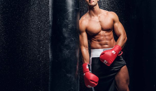 Powerful male is posing with punching bag - Foto, afbeelding