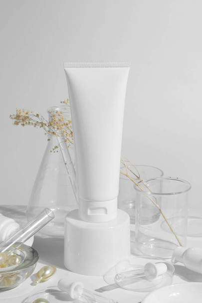 beauty spa medical skincare and cosmetic lotion bottle cream spray packaging product on white decor background with doctor health science laboratory glass test - Φωτογραφία, εικόνα