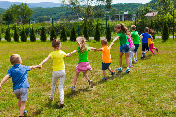 Lapset leikkivät kädestä vihreällä ruoholla, takana näkymä
 - Valokuva, kuva