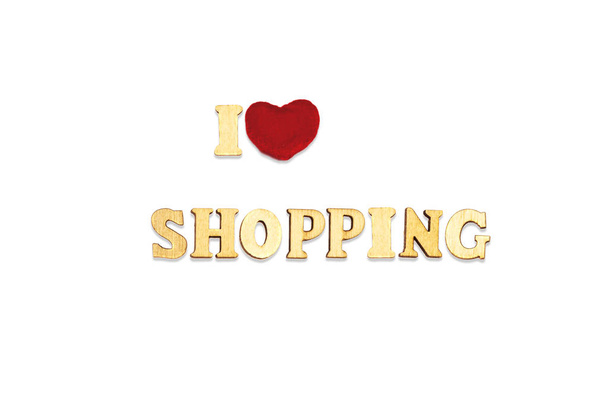 eu amo fazer compras compostas com letras de madeira isoladas no fundo branco
 - Foto, Imagem