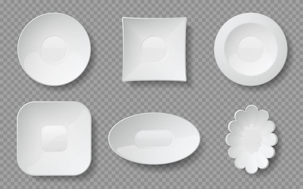 Реалистичные тарелки. Белые пустые тарелки и миски для кафе и ресторанов, керамическое стекло или фарфоровая посуда. Векторный макет
 - Вектор,изображение