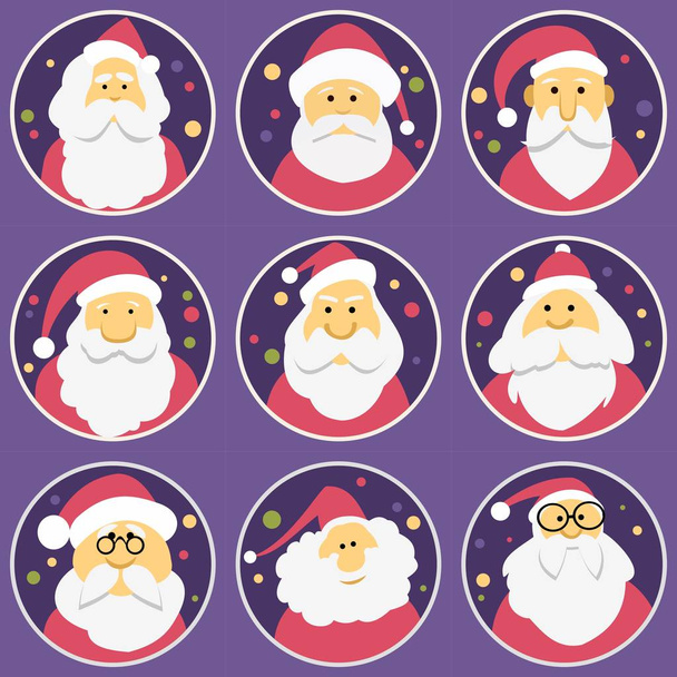 A Santa záradék különböző arcainak halmaza, ikonok. Karácsony és újév. - Vektor, kép