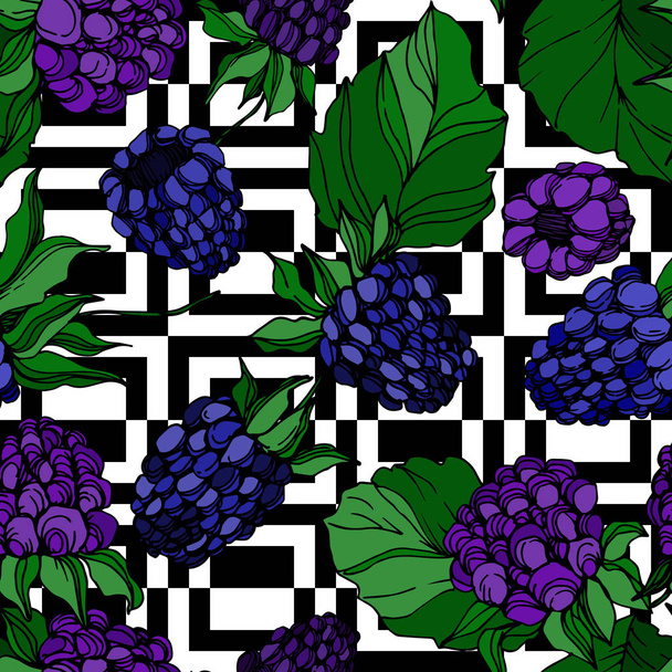 Vector Blackberry healthy food. Black and white engraved ink art. Seamless background pattern. - Vektor, Bild