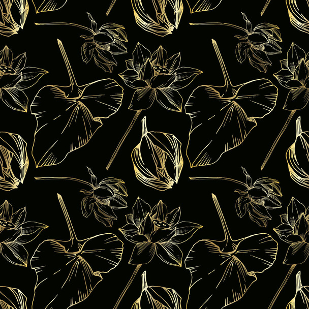 Vector Lotus floral botanical flower. Black and white engraved ink art. Seamless background pattern. - ベクター画像