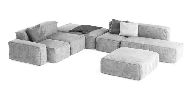 modernes graues modulares Sofa mit Kissen und Karo isoliert auf weißem Hintergrund. Möbel, Einrichtungsgegenstand, stilvolles Sofa. High-Tech-Stil, Thema minimalistisches Interieur - Foto, Bild