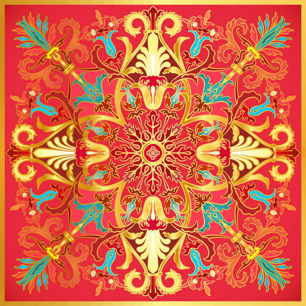 Πολύχρωμο διάνυσμα αντίκα Ρωμαϊκή, αυτοκρατορία ή μπαρόκ στυλ χωρίς ραφές υφασμάτων με λουλούδια και διακοσμητικά μοτίβα σε κοράλλια, κόκκινα, χρυσά, τερακότα και τιρκουάζ χρώματα - Διάνυσμα, εικόνα
