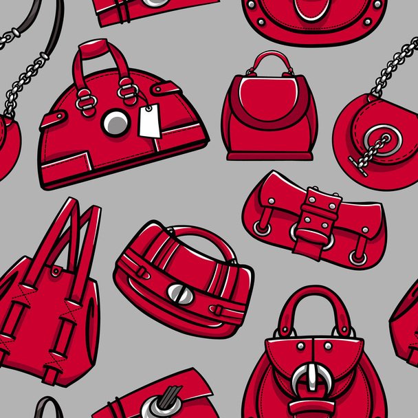 Illustrazione del modello vettoriale senza soluzione di continuità delle borse alla moda elegante donna rossa mbH s di vari tipi e dimensioni per sfondo personalizzato, tessile, carta da parati
  - Vettoriali, immagini