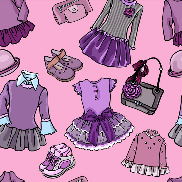 Seamless vector pattern illustration for custom background, textile, wallpaper design with hand drawings of  children fashion, garment, clothes, dresses, apparel, shoes, accessories in pink, lilac, an - Vektori, kuva