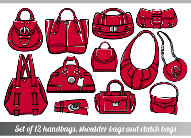 Collection of 12 stylish red female vector bags of various sizes, types and shapes, easy to recolor fashion illustrations in hand drawn style for custom design, print, pattern, stickers - Vector, Image