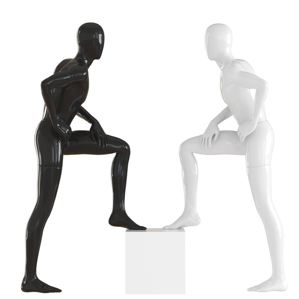 Чорно-білі безликі хлопці стоять з ногою на білій коробці. 3D візуалізація
 - Фото, зображення