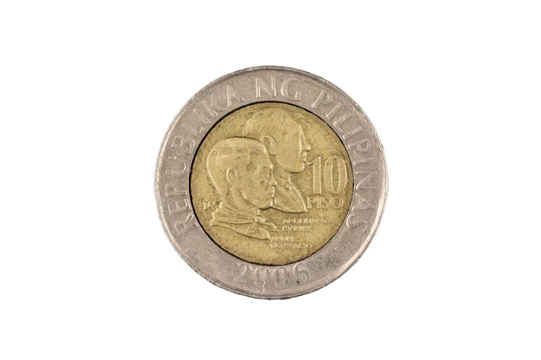 A close up image of a Filipino ten piso coin isolated, close up in macro, on a white background - Photo, Image