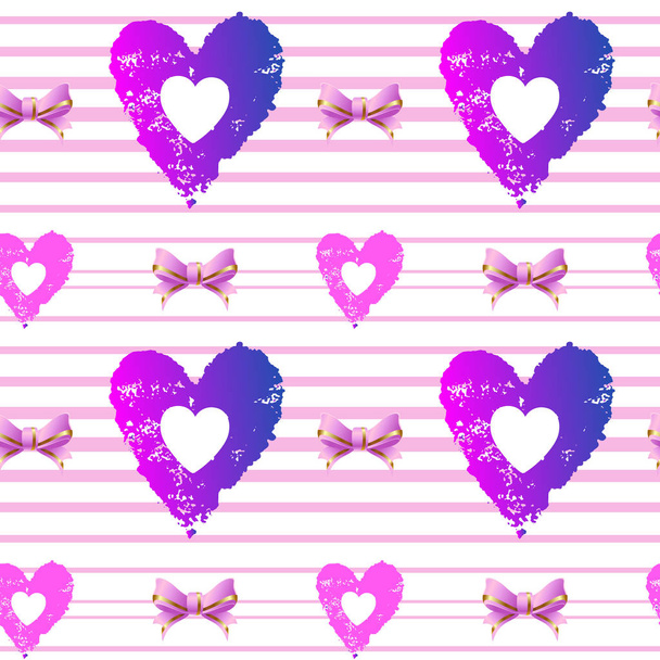 seamless background. hearts and pink ribbons on a striped background. vector illustration - ベクター画像