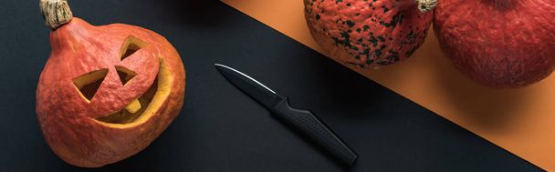 panoramic shot of Halloween pumpkins with knife on black background - 写真・画像
