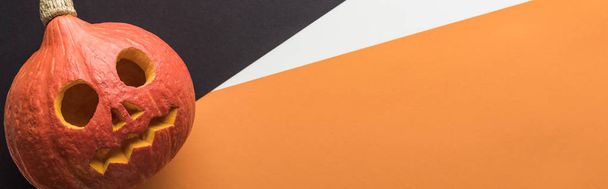 plano panorámico de calabaza de Halloween sobre fondo negro, blanco y naranja
 - Foto, Imagen