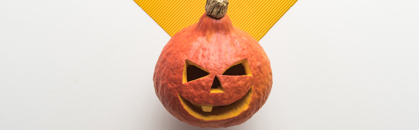 panoramic shot of scary Halloween pumpkin on white and orange background - 写真・画像