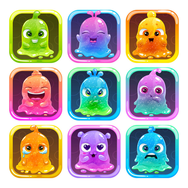 Cute cartoon colorful slimy characters in the square frames. Slime game logo set. - Vector, imagen