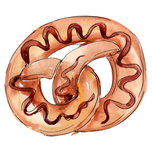 Sabroso pretzel en un estilo acuarela. Conjunto de ilustración de fondo. Acuarela dibujo moda aquarelle aislado
 - Foto, Imagen