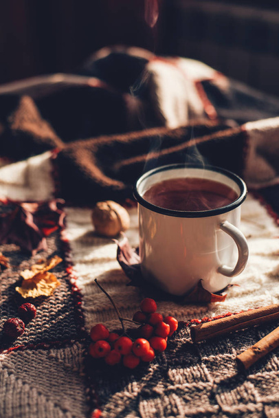 Autumn hot steaming cup of coffee or tea. - Fotó, kép