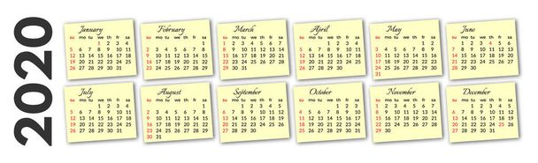 Kalender für 2020 isoliert auf weißem Hintergrund - Vektor, Bild