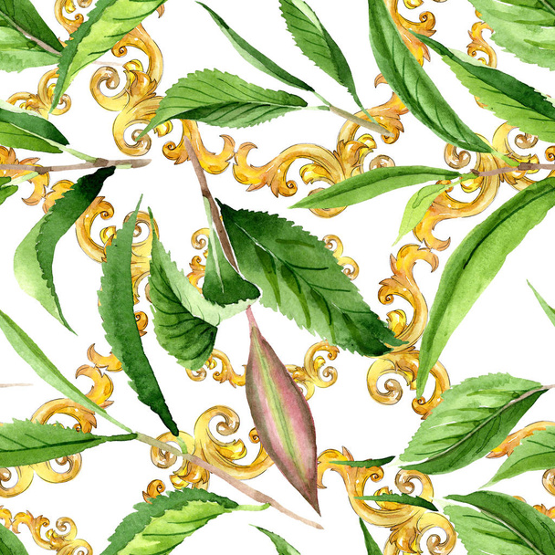 Зелене листя чаю. Набір ілюстрацій для акварельного фону. Безшовний візерунок тла
. - Фото, зображення