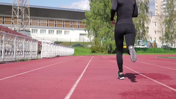 Slim woman running on racetrack in sunshine - Кадры, видео