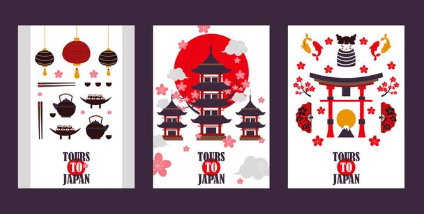 Banderas de gira de Japón, ilustración vectorial. Símbolos de la cultura asiática, monumentos turísticos populares. Pagoda, torii gate, sushi, té y otras atracciones japonesas
 - Vector, imagen
