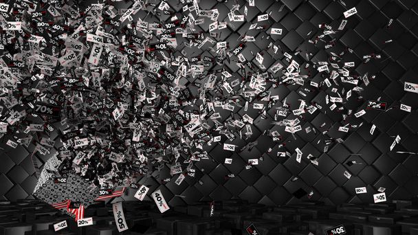 Miles de cupones de 10 a 80 por ciento de descuento en una forma regtangular blanca, negra y roja que sale de una caja de regalo en un piso a cuadros y fondo de cubo negro. Ilustración 3D
 - Foto, Imagen