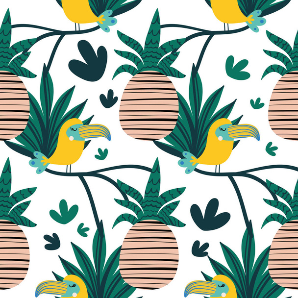Tropical summer seamless vector background with toucan and pine apple. Design  for fabric, wrapping, textile, wallpaper, apparel - Vector, Image