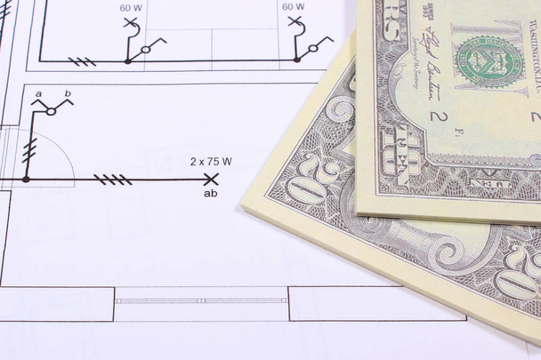 Devises dollar sur le dessin de construction de la maison. Coûts de construction
 - Photo, image