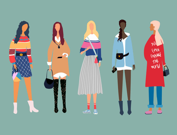 Five young women or girls dressed in trendy clothes standing together. Group of female friends, union of feminists. Girl power concept. Female cartoon characters.  All elements are isolated - Vetor, Imagem