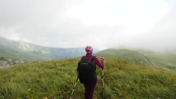 バックパックを持った若い女性が頂上に向かって歩く。スローモーション。女性は美しい白人の山々でハイキングしている、アディゲア. - 映像、動画