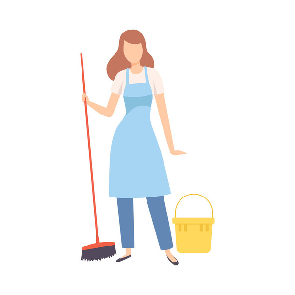 Pulitore professionale femminile con secchio e scopa, personaggio del personale dell'azienda di pulizia vestito in uniforme con attrezzatura illustrazione vettoriale piatta
 - Vettoriali, immagini