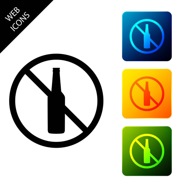 No alcohol icon isolated on white background. Prohibiting alcohol beverages. Forbidden symbol with beer bottle glass. Set icons colorful square buttons. Vector Illustration - Vector, Image