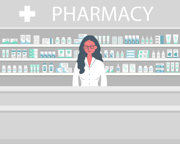 薬剤師のウェブバナー。薬局の職場の若い女性:薬で棚の前に立っています。フラットでファンキーなスタイル。ベクトルイラスト. - ベクター画像