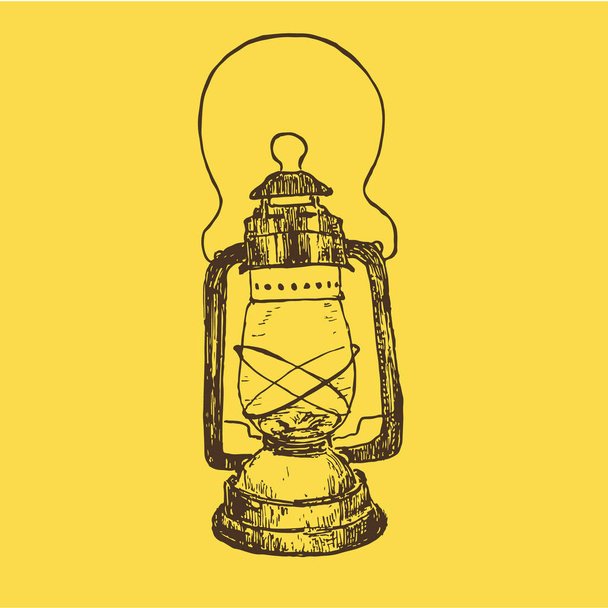 Vintage sketch kerosene lamp or lantern vector illustration. Ink hand drawn retro kerosene lamp on yellow background. - Vector, Image