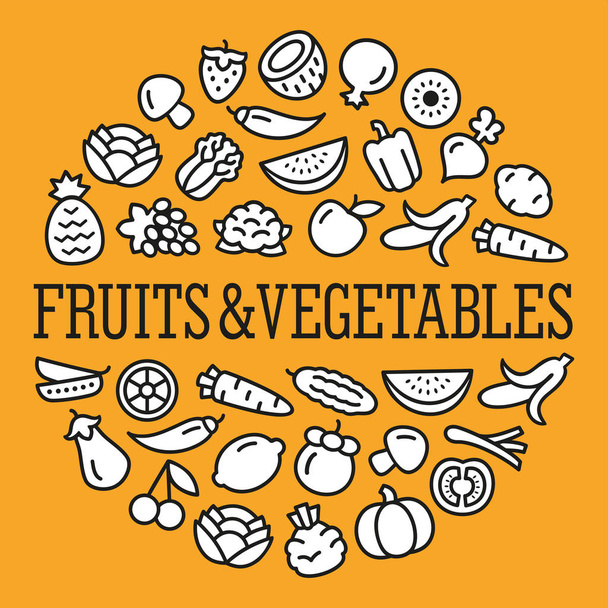Zöldség-és gyümölcsikonok körkörös alakban - Vektor, kép