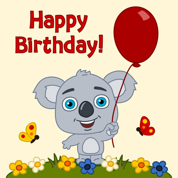 greeting card with cute funny cartoon character of koala bear holding balloon with text Happy birthday on meadow  - Vektori, kuva