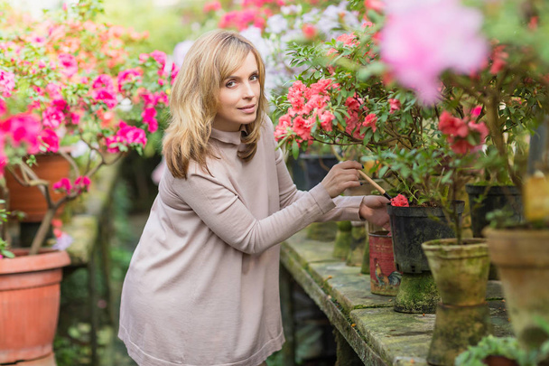 Beautiful woman watering plants and gardening in greenhouse. - Foto, Bild