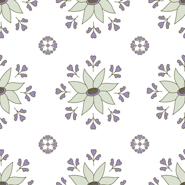 Floral seamless pattern. Stylized leaves and flowers of lavender color on a white background. Vector illustration. - Vektor, kép