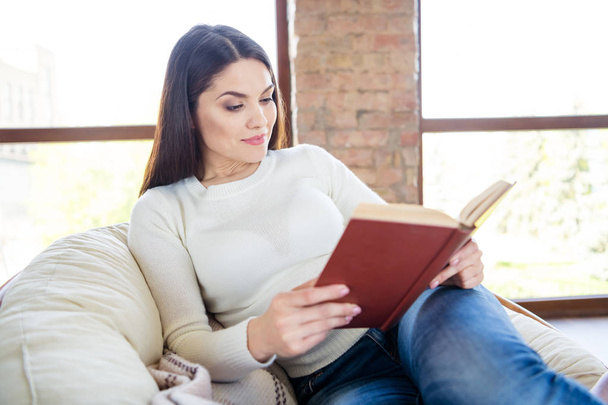 Portrait of her she nice attractive charming lovely peaceful dreamy concentrated focused woman sitting on cosy pillow reading interesting book in industrial loft brick style interior room - Foto, Imagem