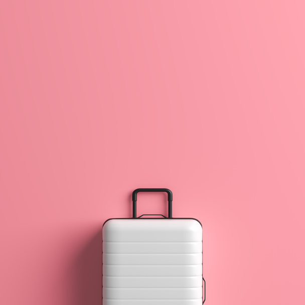 Valise blanche sur fond rose pastel avec espace de copie
.  - Photo, image
