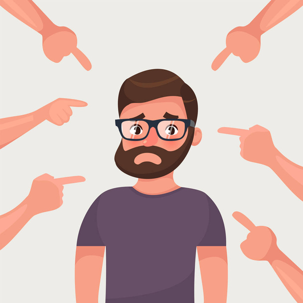 Sad, depressed, ashamed man surrounded by hands pointing him out with fingers. Social disapproval blame and accusation concept. Flat style character vector illustration - Vector, Image