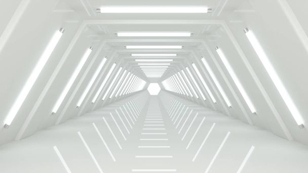 Soyut modern minimalist boş beyaz koridor tünel, beyaz kızdırma ışıkları ile aydınlatılmış. Metin, iç tasarım veya bilim kurgu arka plan 3d render için boş alan. - Fotoğraf, Görsel