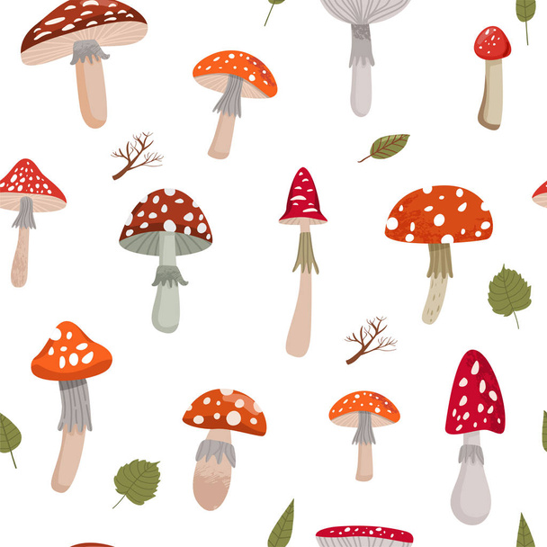Осенний бесшовный узор с различными грибами из аманиты, листьев и ветвей
. - Вектор,изображение