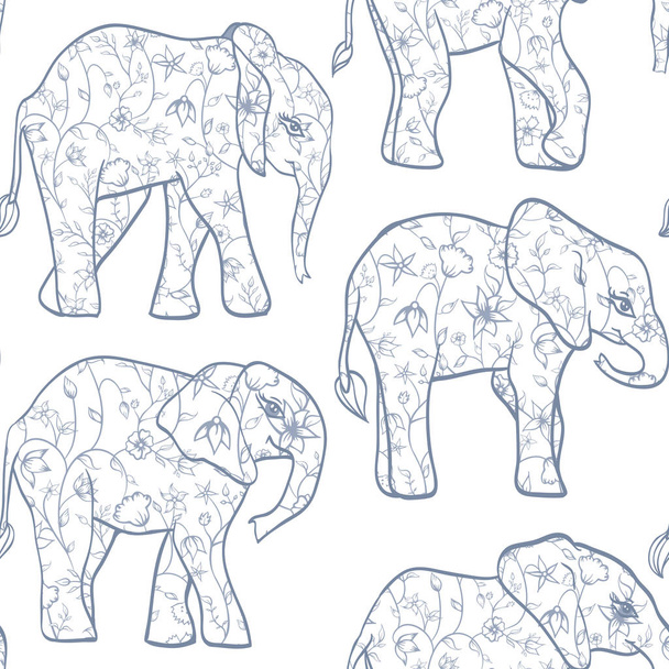 Μονοδιάνυσμα μπλε εκλεκτής ποιότητας πορσελάνη ελέφαντες χωρίς ραφές μοτίβο φόντο. - Διάνυσμα, εικόνα
