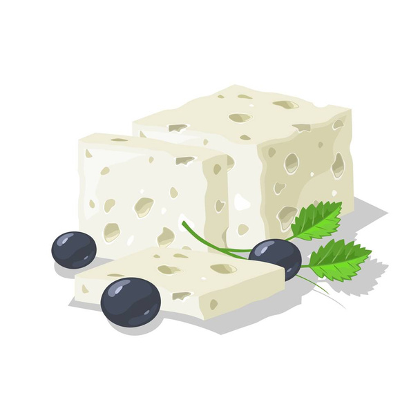 köstlichen blauen, gesalzenen oder eingelegten Käse in Scheiben geschnitten, serviert mit Oliven und Grün. - Vektor, Bild