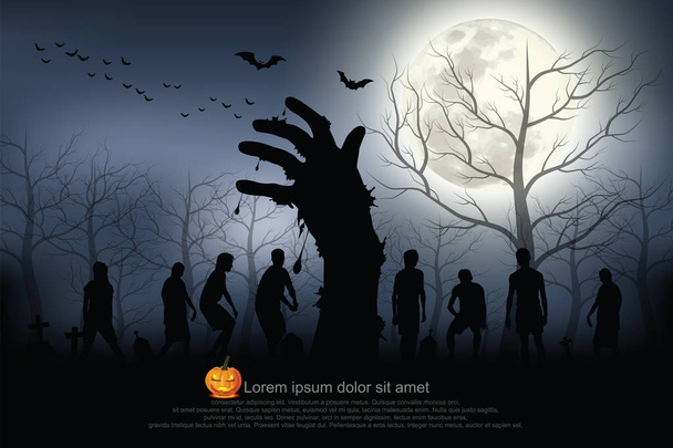 Ghost hands and the zombies on the full moon night. - Vector, Image