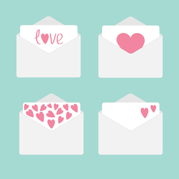 Set of four envelopes with hearts. Love card. - Vector, Imagen