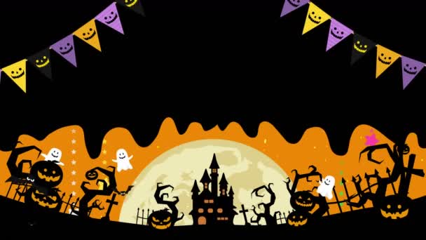 Halloween illustratie met copyspace. Gesmolten ruimte voor creatief ontwerp. Vloeibare druppel stroomt op Halloween loop animatie. Mystic Pumpkins, spook en kasteel in bos. Zwarte vleermuizen vliegen. - Video