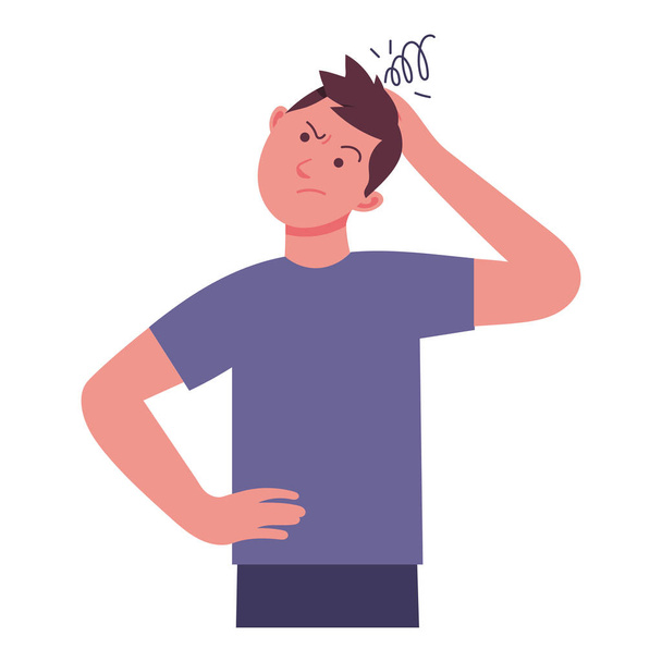 young man holds his head because he feels confused, the expression of a man who feels complicated, character vector illustration design - Vector, Image